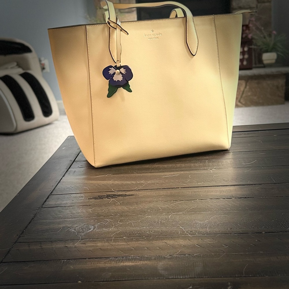 kate spade Cream Leather Tote with Floral Charm